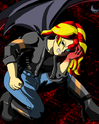 Size: 2400x3000 | Tagged: safe, artist:gogglespizano, sunset satan, sunset shimmer, equestria girls, clothes, darkness within, female, inner demons, jacket, leather jacket, pants, solo, struggling, transformation, wings