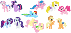 Size: 5584x2600 | Tagged: safe, artist:scythethedoublade, derpibooru import, applejack, applejack (g1), firefly, fluttershy, pinkie pie, posey, rainbow dash, rarity, sparkler (g1), surprise, twilight, twilight sparkle, twilight sparkle (alicorn), alicorn, earth pony, pegasus, pony, unicorn, g1, bow, g1 six, g1 to g4, generation leap, generational ponidox, high res, mane six, simple background, tail bow, white background