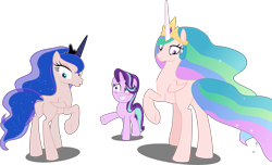Size: 6724x4096 | Tagged: safe, artist:tralomine, edit, editor:slayerbvc, princess celestia, princess luna, starlight glimmer, alicorn, pony, unicorn, a royal problem, absurd resolution, blushing, embarrassed, furless, furless edit, grin, looking back, missing accessory, now you fucked up, nude edit, nudity, plot, plucked, raised hoof, shaved, simple background, skin, smiling, spell gone wrong, transparent background, underhoof, vector, vector edit