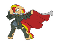 Size: 1000x750 | Tagged: safe, artist:slamjam, sunset shimmer, pony, semi-anthro, 4chan, armor, cape, clothes, drawthread, solo, sword, weapon