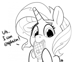 Size: 1280x1076 | Tagged: safe, artist:pabbley, sunset shimmer, pony, 30 minute art challenge, caught, dialogue, food, lineart, meat, monochrome, ponies eating meat, simple background, solo, steak, white background