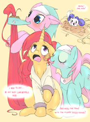 Size: 1000x1350 | Tagged: safe, artist:cindacry, aloe, lotus blossom, rarity, oc, oc:aila, pony, unicorn, ask-aila, bathrobe, brush, clothes, dialogue, grooming, makeup, mouth hold, mud, mud bath, robe, sitting, spa, spa twins, working