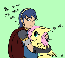 Size: 657x591 | Tagged: safe, artist:silver1kunai, fluttershy, pegasus, pony, crossover, cute, daaaaaaaaaaaw, dialogue, fire emblem, holding a pony, marth