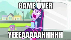 Size: 625x356 | Tagged: safe, derpibooru import, edit, edited screencap, screencap, spike, twilight sparkle, dog, equestria girls, equestria girls (movie), duo, exploitable meme, image macro, parody, spike the dog, twiscream