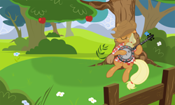 Size: 3200x1931 | Tagged: safe, artist:joemasterpencil, applejack, earth pony, pony, banjo, clothes, fence, musical instrument, shirt, show accurate, solo, tree