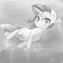 Size: 3000x3000 | Tagged: safe, artist:ab, rarity, pony, unicorn, bed, monochrome, solo