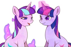 Size: 1210x805 | Tagged: safe, artist:hosikawa, starlight glimmer, twilight sparkle, pony, unicorn, alternate hairstyle, counterparts, duo, female, magic, mare, simple background, twilight's counterparts, white background