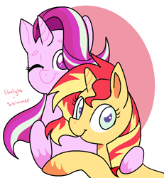 Size: 884x957 | Tagged: safe, artist:1racat, starlight glimmer, sunset shimmer, pony, unicorn, female, lesbian, one eye closed, shimmerglimmer, shipping, smiling