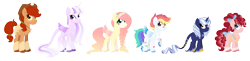 Size: 2781x680 | Tagged: safe, artist:strawberry-spritz, derpibooru import, applejack, fluttershy, pinkie pie, rainbow dash, rarity, twilight sparkle, earth pony, pegasus, pony, unicorn, alternate design, bow, colored wings, hair bow, mane six, multicolored wings, simple background, tail bow, tail feathers, transparent background