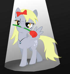 Size: 761x800 | Tagged: safe, artist:proteusiii, derpy hooves, pegasus, pony, bow, earring, female, mare, mouth hold, necklace, rose, solo, spotlight