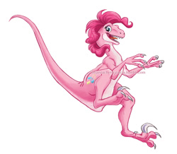 Size: 862x750 | Tagged: safe, artist:briannacherrygarcia, pinkie pie, dinosaur, velociraptor, dinosaurified, obtrusive watermark, open mouth, prehistoric, simple background, smiling, solo, species swap, watermark, white background