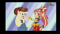 Size: 1366x768 | Tagged: safe, screencap, applejack, sunset shimmer, dance magic, equestria girls, spoiler:eqg specials, clothes, dance magic (song), dancing, dress, hat, holding hands, looking at each other, ponied up