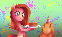 Size: 1800x1080 | Tagged: safe, artist:karzahnii, madame leflour, pinkie pie, earth pony, pony, party of one, cake, cute, cuteamena, diapinkes, pinkamena diane pie, scene interpretation