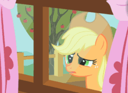 Size: 409x300 | Tagged: safe, screencap, applejack, earth pony, pony, the show stoppers, animated, female, mare, out of context, solo, window