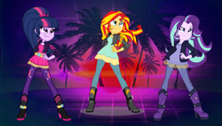 Size: 1904x1078 | Tagged: safe, artist:3d4d, artist:limedazzle, artist:mixiepie, artist:seahawk270, starlight glimmer, sunset shimmer, twilight sparkle, equestria girls, alternate hairstyle, alternate universe, charlie's angels, clothes, counterparts, crossover, jacket, leather jacket, pants, twilight's counterparts