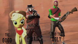 Size: 1192x670 | Tagged: safe, artist:fezwearingdoctor, applejack, earth pony, pony, 3d, crossover, gmod, pyro, scout, team fortress 2, the good the bad and the ugly