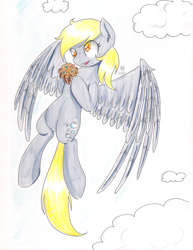 Size: 1024x1329 | Tagged: safe, artist:cartoonowl, derpy hooves, pegasus, pony, female, flying, mare, muffin, solo, traditional art