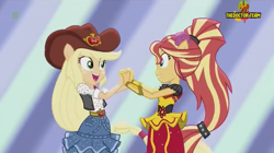 Size: 1150x645 | Tagged: safe, screencap, applejack, sunset shimmer, dance magic, equestria girls, spoiler:eqg specials, clothes, cowboy hat, dancing, dress, hat, holding hands, looking at each other, ponied up