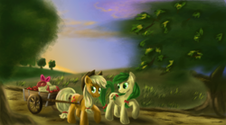 Size: 1800x1000 | Tagged: safe, artist:ardail, apple bloom, apple fritter, applejack, earth pony, pony, apple, apple family member, cart, sleeping