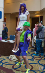 Size: 3697x6000 | Tagged: artist needed, safe, artist:jamesalpha, rarity, spike, human, 2014, babscon, carrying, convention, cosplay, irl, irl human, photo