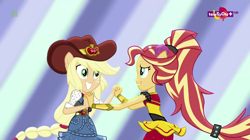 Size: 1366x763 | Tagged: safe, screencap, applejack, sunset shimmer, dance magic, equestria girls, spoiler:eqg specials, clothes, dancing, dress, hat, holding hands, looking at each other, ponied up, teletoon