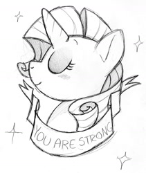 Size: 1280x1514 | Tagged: safe, artist:fuckmysentry, rarity, pony, unicorn, blushing, eyes closed, mouthpiece, old banner, positive message, positive ponies, profile, smiling, solo, sparkles, traditional art