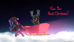 Size: 1280x735 | Tagged: safe, artist:frankier77, pinkie pie, earth pony, pony, christmas, clothes, duo, hat, holiday, rudolph the red nosed reindeer, santa costume, santa hat, sleigh