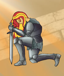 Size: 1000x1198 | Tagged: safe, artist:slamjam, sunset shimmer, human, equestria girls, armor, chainmail, eyes closed, fantasy class, greaves, kneeling, knight, paladin, solo, sword, warrior, weapon