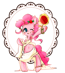 Size: 931x1045 | Tagged: safe, artist:lessue, pinkie pie, earth pony, pony, belly button, bipedal, clothes, flower, pixiv, solo, sunflower, toga