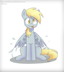 Size: 1024x1155 | Tagged: safe, artist:jayivee, derpy hooves, pegasus, pony, :p, feather, female, looking at you, mare, simple background, sitting, solo, tongue out