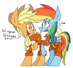 Size: 1024x952 | Tagged: safe, artist:dizzee-toaster, derpibooru import, applejack, rainbow dash, earth pony, pegasus, pony, appledash, bound wings, chains, clothes, embarrassed, female, lesbian, prison outfit, prisoner, prisoner rd, shipping, text