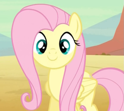 Size: 559x499 | Tagged: safe, screencap, fluttershy, pegasus, pony, the last roundup, c:, cute, female, looking at you, mare, shyabetes, smiling, solo