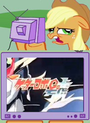 Size: 563x771 | Tagged: safe, applejack, earth pony, pony, exploitable meme, getter robo, getter robo go, meme, obligatory pony, tv meme