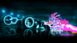 Size: 800x450 | Tagged: safe, fili-second, pinkie pie, earth pony, pony, power ponies (episode), lightcycle, madskillz, power ponies, tron, tron legacy