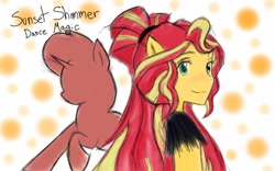 Size: 1280x800 | Tagged: safe, artist:angeltorchic, sunset shimmer, pony, dance magic, equestria girls, spoiler:eqg specials, clothes, cute, female, looking at you, mare, ponied up, pony ears, raised hoof, silhouette, smiling