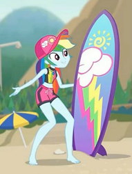 Size: 1783x2337 | Tagged: safe, derpibooru import, screencap, rainbow dash, better together, blue crushed, equestria girls, barefoot, beach, cap, cropped, feet, geode of super speed, hat, legs, magical geodes, midriff, surfboard, swimming trunks