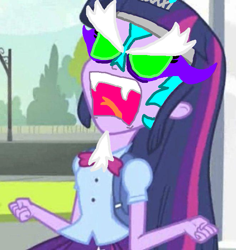 Size: 661x700 | Tagged: safe, derpibooru import, edit, edited screencap, screencap, twilight sparkle, oc, equestria girls, equestria girls (movie), cropped, exploitable meme, glowing eyes, solo, sombra eyes, tiara ultima, twiscream