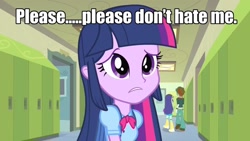 Size: 1280x720 | Tagged: safe, derpibooru import, edit, edited screencap, screencap, twilight sparkle, equestria girls, equestria girls (movie), background human, bronybait, canterlot high, caption, image macro, puppy dog eyes, sad, solo focus, talking to viewer, woobie