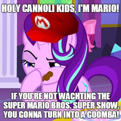 Size: 500x500 | Tagged: safe, edit, edited screencap, screencap, starlight glimmer, pony, unicorn, no second prances, boop, exploitable meme, facial hair, glimmerposting, hat, image macro, mario, meme, moustache, self-boop, super mario bros., super mario bros. super show