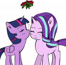 Size: 2399x2386 | Tagged: safe, artist:helsaabi, starlight glimmer, twilight sparkle, twilight sparkle (alicorn), alicorn, pony, unicorn, duo, eyes closed, female, happy, heart, holly, holly mistaken for mistletoe, kiss on the cheek, kissing, lesbian, mare, shipping, simple background, twistarlight, white background