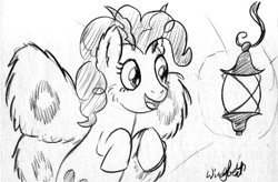 Size: 899x591 | Tagged: safe, artist:wingbeatpony, pinkie pie, moth, mothpony, original species, fluffy, lamp, light, lineart, monochrome, moth meme, open mouth, race swap, sketch, smiling, solo, stare, traditional art