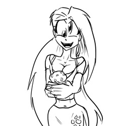 Size: 900x900 | Tagged: safe, artist:jonfreeman, derpy hooves, human, belly button, cleavage, female, humanized, midriff, monochrome, muffin