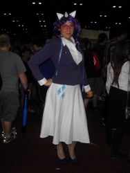Size: 2448x3264 | Tagged: artist needed, safe, rarity, human, 2014, clothes, convention, cosplay, glasses, high heels, irl, irl human, measuring tape, megacon, photo, rarity's glasses, skirt, suit