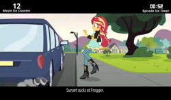 Size: 1024x600 | Tagged: safe, screencap, sunset shimmer, equestria girls, friendship games, boots, car, cinemare sins, clothes, everything wrong with friendship games, fence, high heel boots, jacket, leather jacket, meme, raised leg, sidewalk, solo, streetlight, text, tree