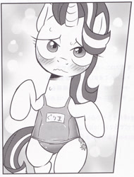 Size: 1012x1333 | Tagged: safe, artist:k-nattoh, starlight glimmer, pony, unicorn, blushing, clothes, looking at you, one-piece swimsuit, school swimsuit, solo, swimsuit