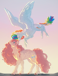 Size: 1700x2222 | Tagged: safe, artist:alleviathan, derpibooru import, pinkie pie, rainbow dash, earth pony, pegasus, pony, alternate design, eyes closed, female, flying, lesbian, mare, nuzzling, pinkiedash, shipping, unshorn fetlocks