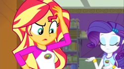 Size: 1100x618 | Tagged: safe, screencap, rarity, sunset shimmer, equestria girls, legend of everfree, bracelet, breasts, camp everfree outfits, eyes closed, female, jewelry