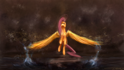 Size: 1800x1013 | Tagged: safe, artist:nettrip, fluttershy, pegasus, pony, female, full face view, looking up, mare, solo, spread wings, water, wings