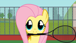 Size: 640x360 | Tagged: safe, artist:agrol, fluttershy, pegasus, pony, everypony plays sports games, mouth hold, solo, tennis, tennis racket