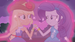 Size: 1023x576 | Tagged: safe, applejack, rarity, equestria girls, equestria girls (movie), magic